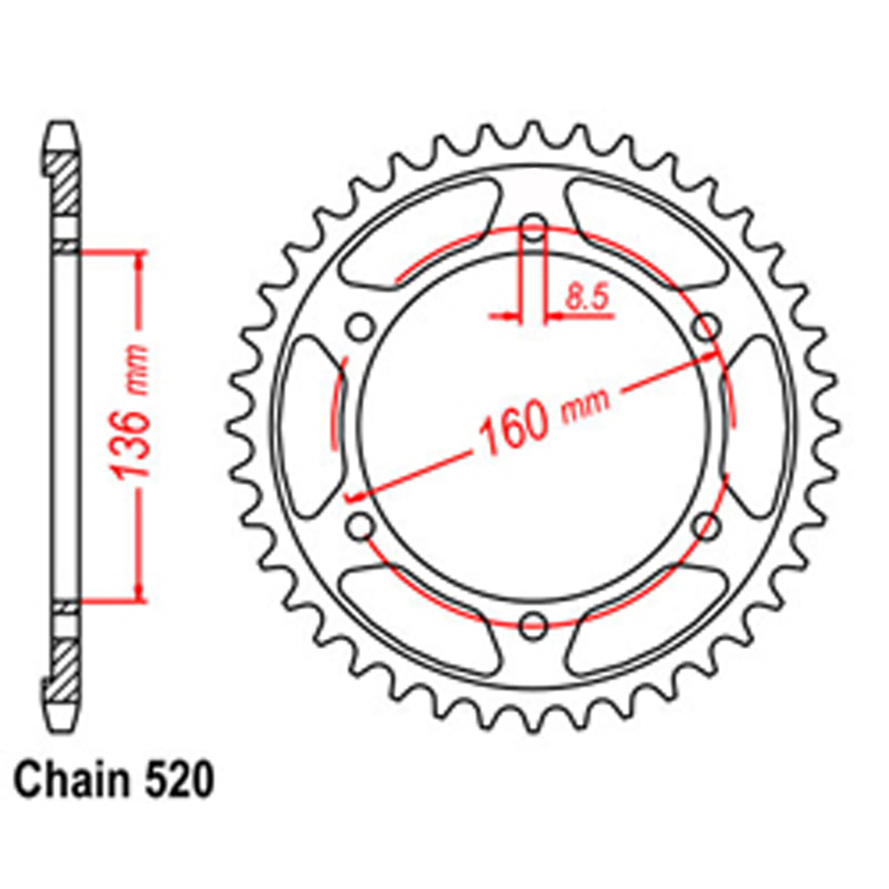 REAR SPROCKET - STEEL 44T 520P  